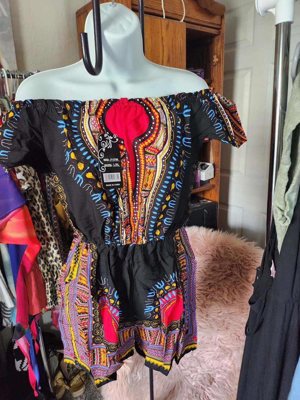 Off-Shoulder Dashiki Print Romper - Black with Red & Multicolor Accents